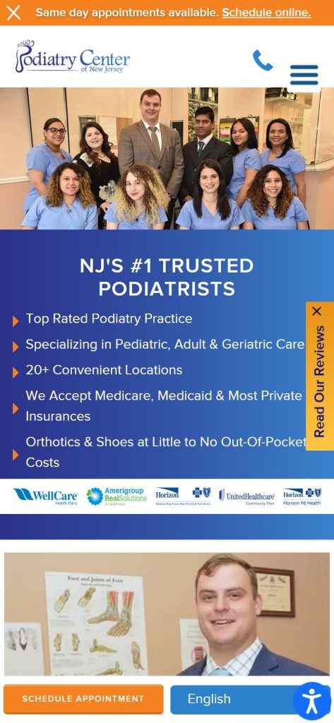 Podiatry Center of NJ homepage on a phone