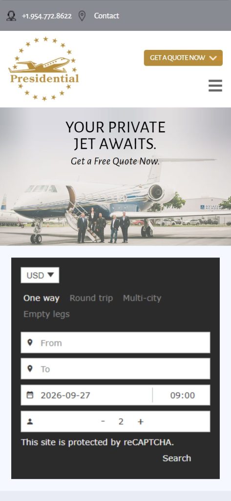 Presidential Aviation homepage on a phone