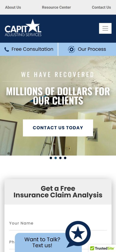 Capital Adjusting Services homepage on a phone