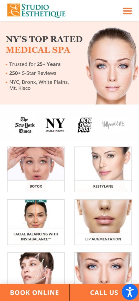 Studio Esthetique homepage on a phone