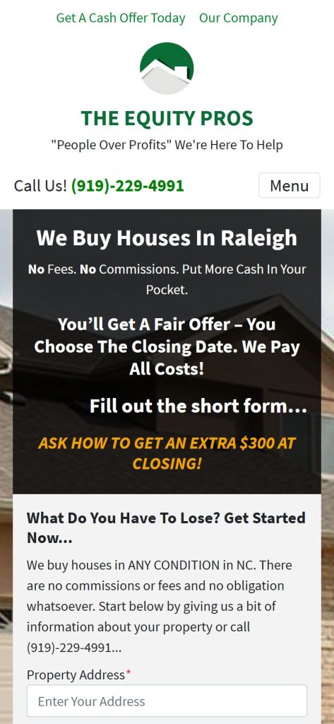 The Equity Pros homepage on a phone