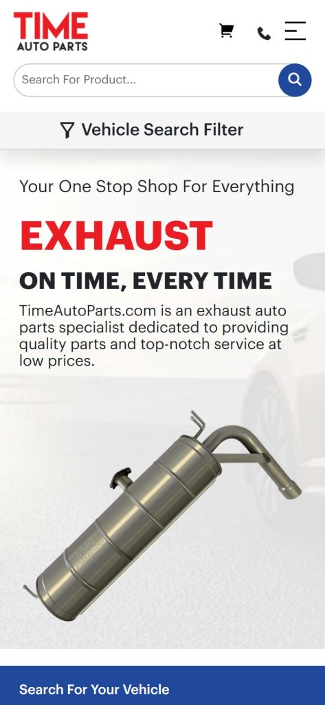 Time Auto Parts homepage on a phone