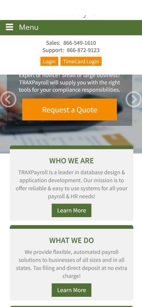 TRAXPayroll homepage on a phone