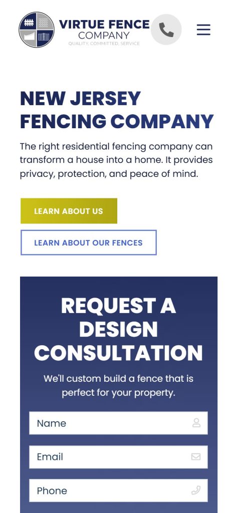 Virtue Fence homepage on a phone