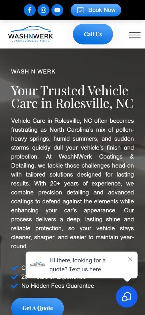 Wash N Werk homepage on a phone