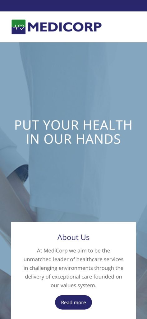 Medi-Corp homepage on a phone
