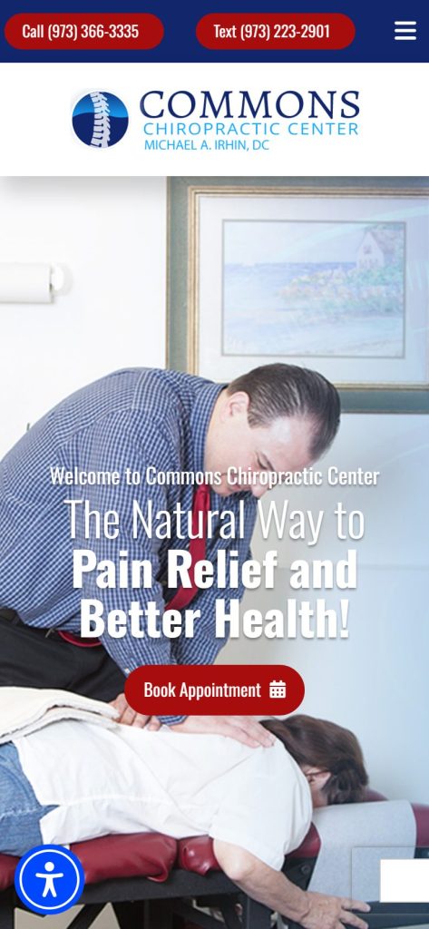 Commons Chiropractic Center homepage on a phone
