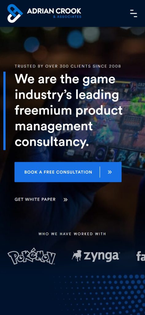 Adrian Crook homepage on a phone