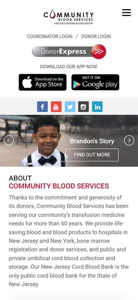 Community Blood Services homepage on a phone
