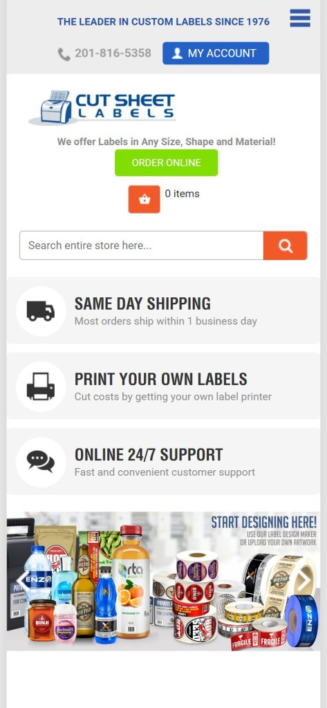 Cut Sheet Labels homepage on a phone