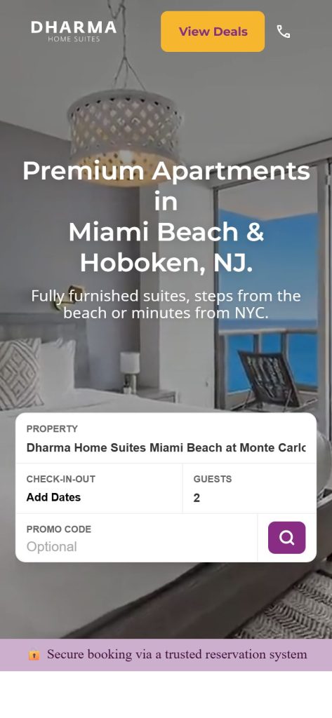 Dharma Home Suites homepage on a phone