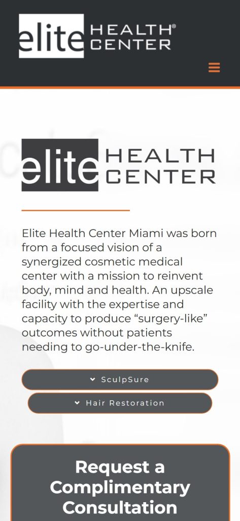 Elite Health Center homepage on a phone