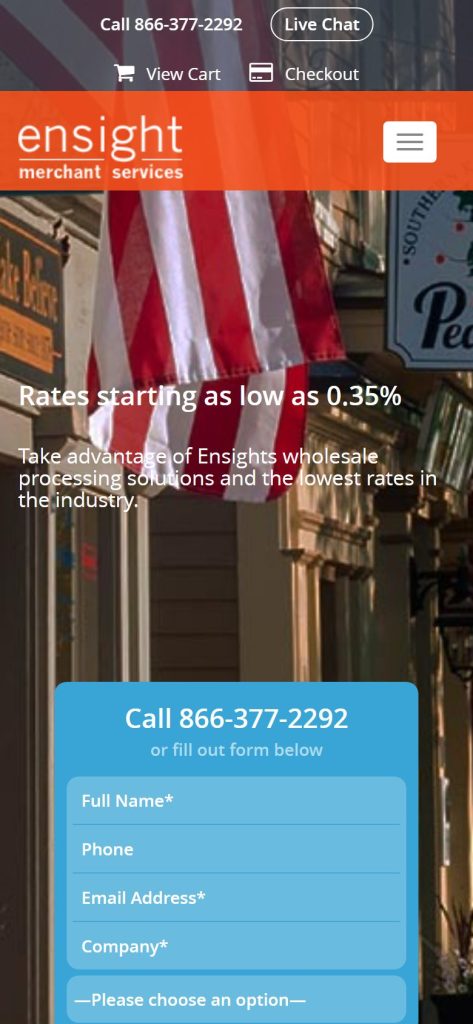 Ensight Merchant Services homepage on a phone
