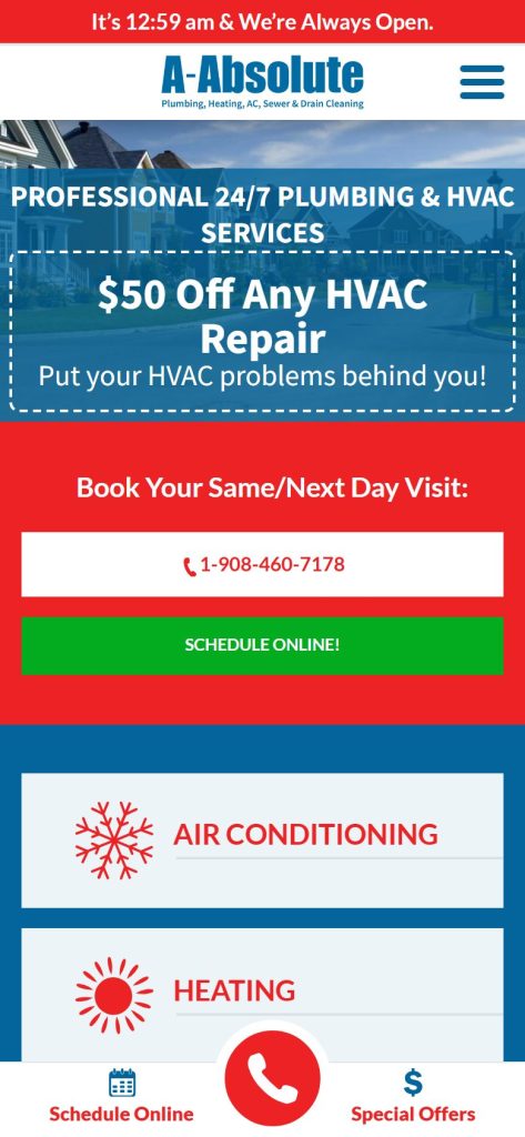 A Absolute Plumbing homepage on a phone