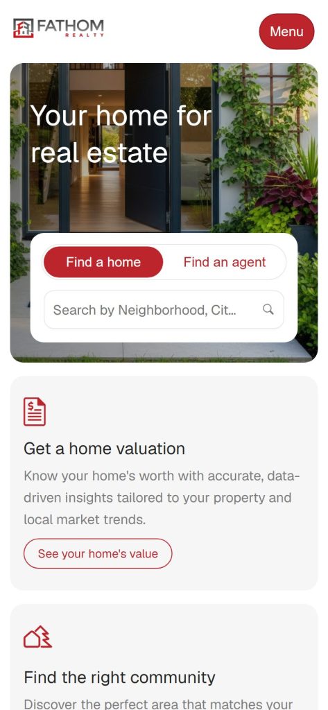Fathom Realty homepage on a phone