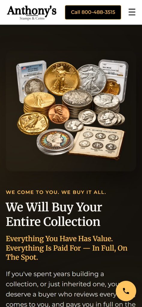 Anthony's Stamps & Coins homepage on a phone