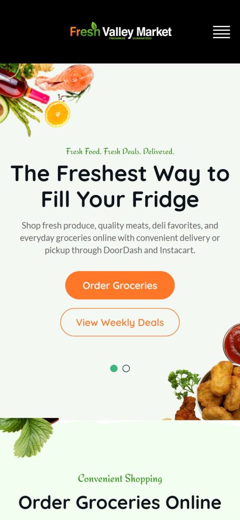 Fresh Valley Market homepage on a phone