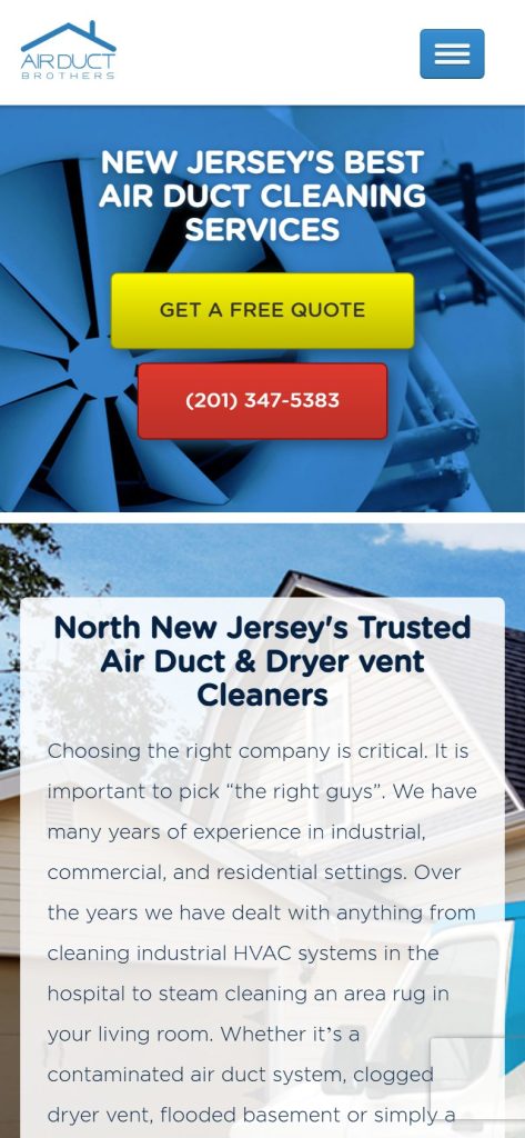 Air Duct Brothers homepage on a phone