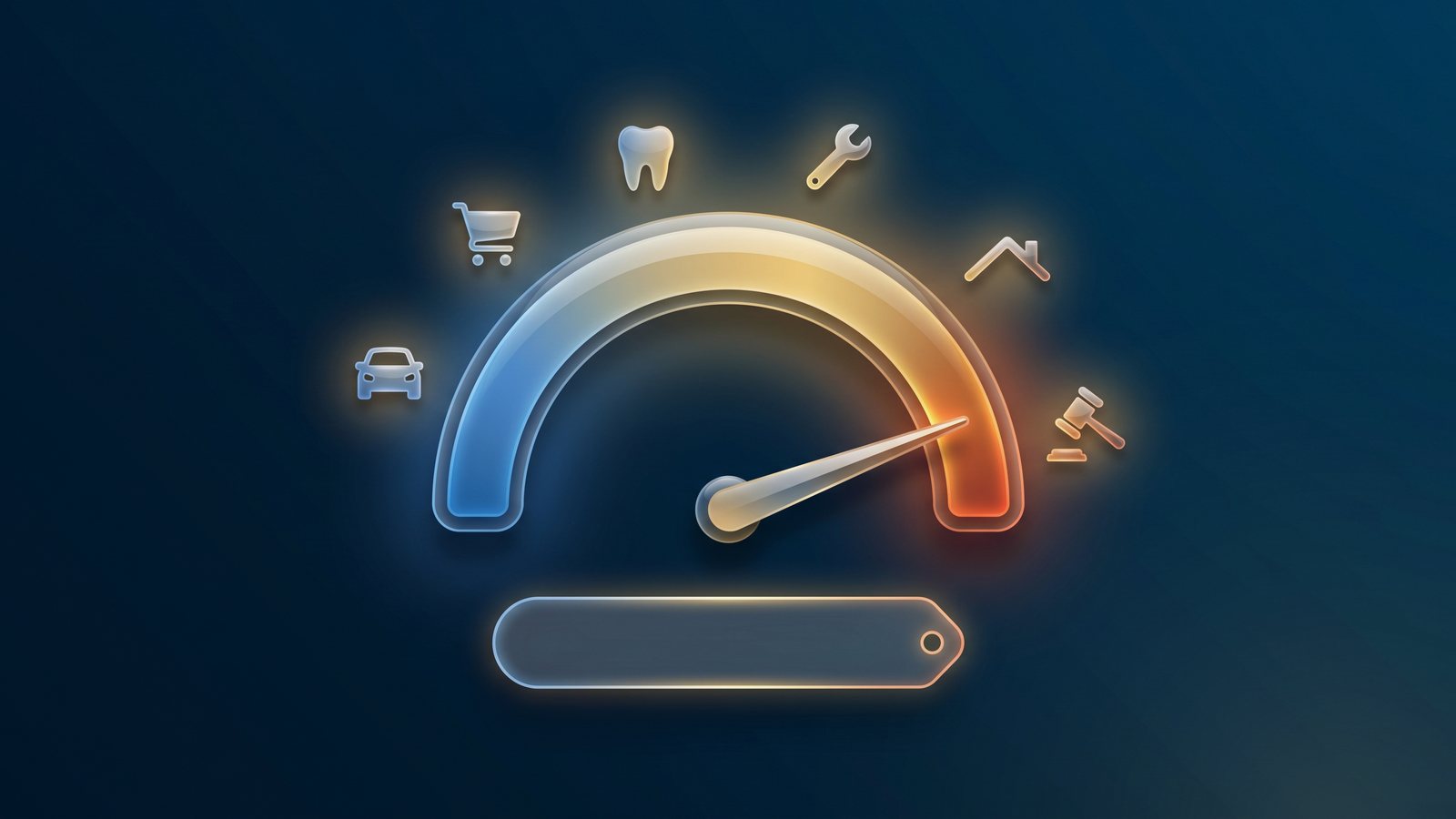 A cost-per-click gauge running from cool blue to hot red, with industry icons along the dial and a gavel at the most expensive end