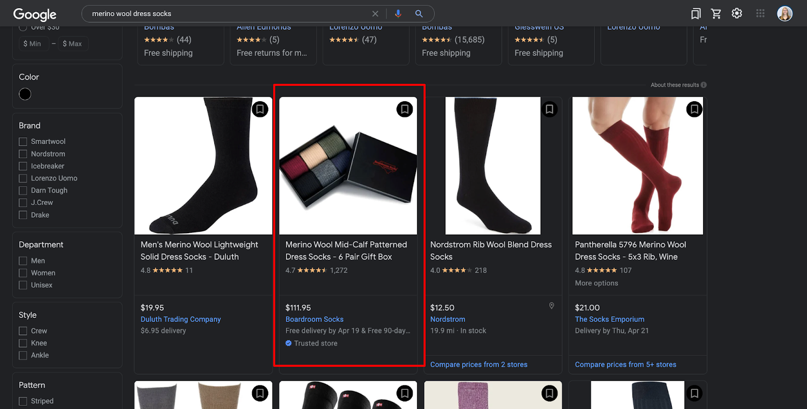 Boardroom Socks listing with the Trusted Store badge in Google Shopping results
