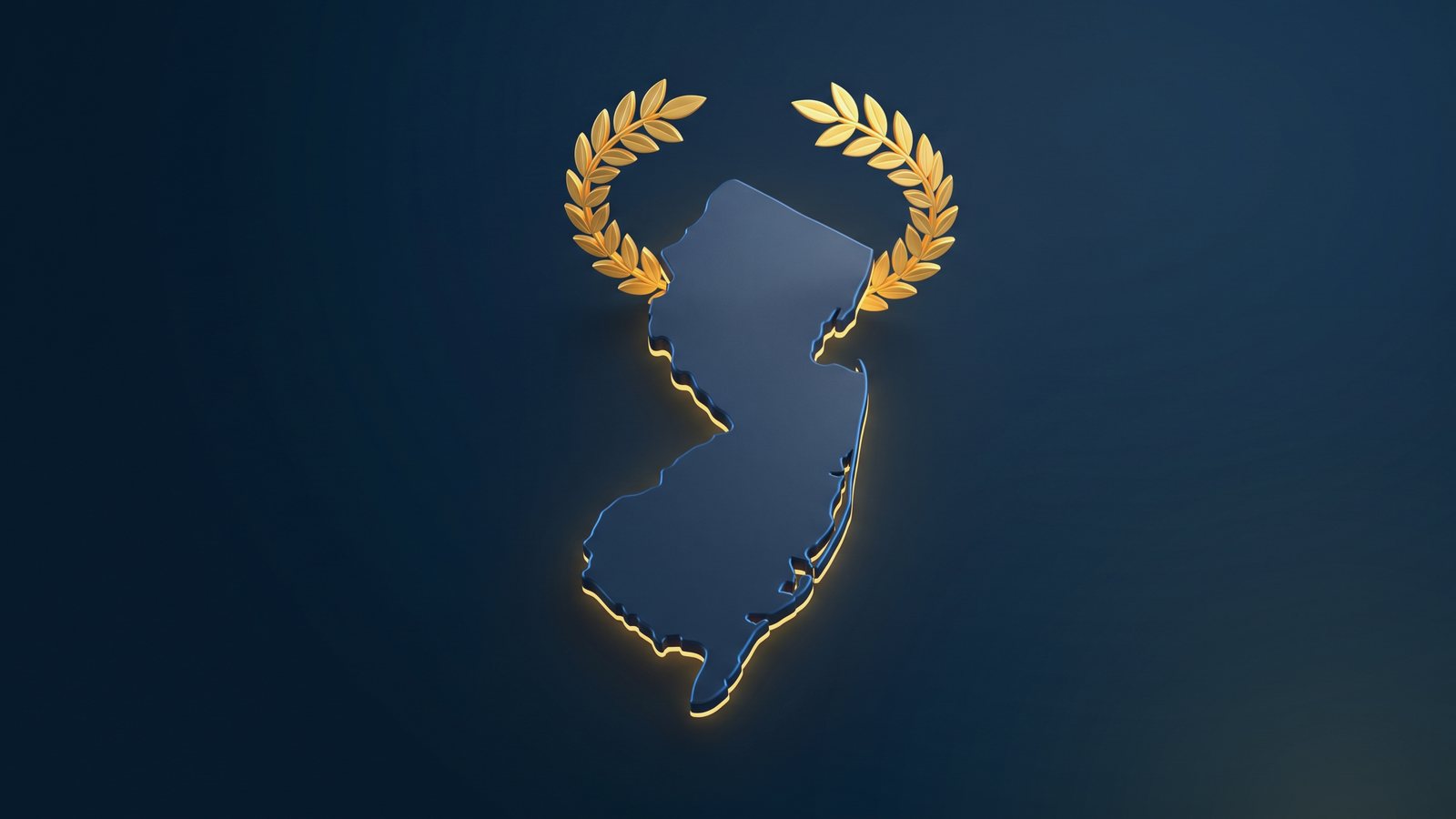 Gold laurel over a relief map of New Jersey