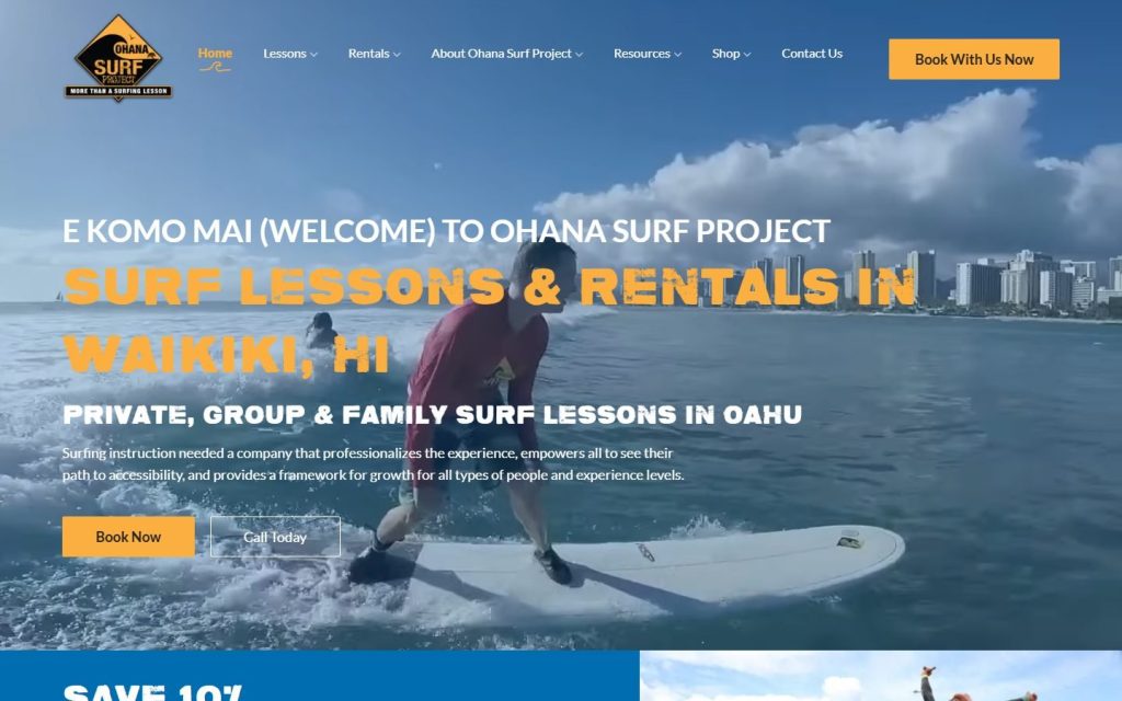 Ohana Surf Project homepage on desktop