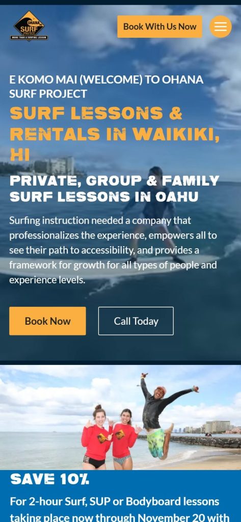 Ohana Surf Project homepage on a phone