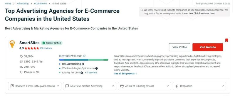Clutch: Top Advertising Agencies for E-Commerce Companies in the United States with SmartSites ranked #1, October 2026