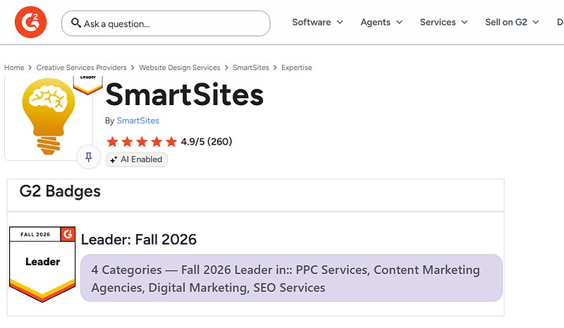 G2 profile badges: SmartSites Leader Fall 2026 in PPC Services, Content Marketing Agencies, Digital Marketing and SEO Services