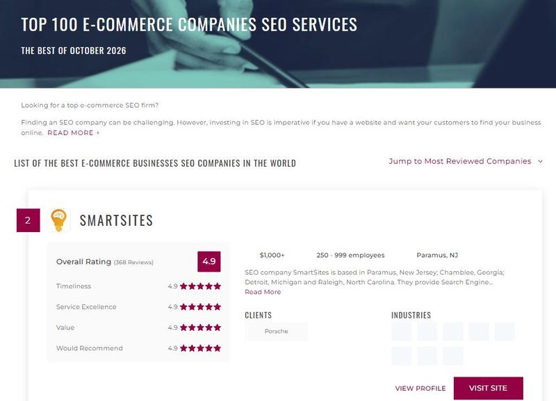 The Manifest: Top 100 E-Commerce Companies SEO Services, The Best of October 2026 with SmartSites ranked #2, October 2026