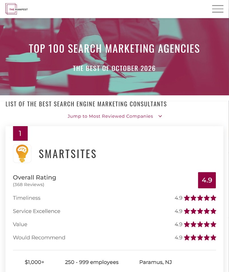 The Manifest Top 100 Search Marketing Agencies, The Best of October 2026, SmartSites ranked 1