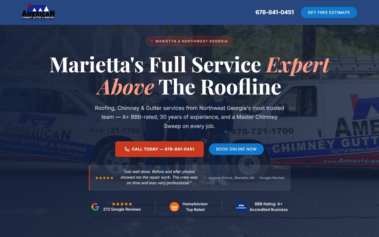 American Chimney Gutter & Roofing landing page