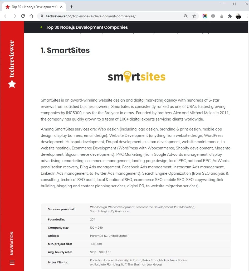 SmartSites Listed in Top Node.js Development