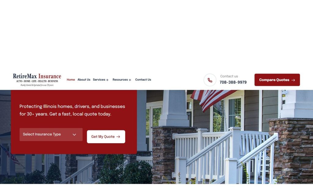 RetireMax Insurance homepage on a laptop