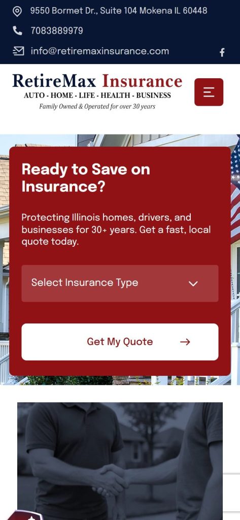 RetireMax Insurance homepage on a phone