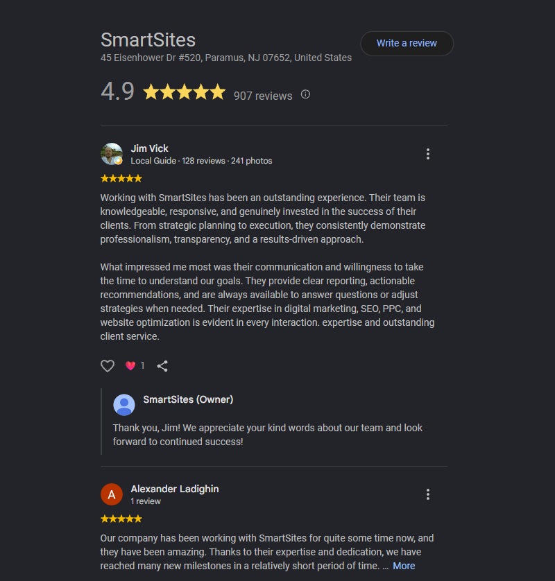 SmartSites on Google: 4.9 stars from 907 reviews
