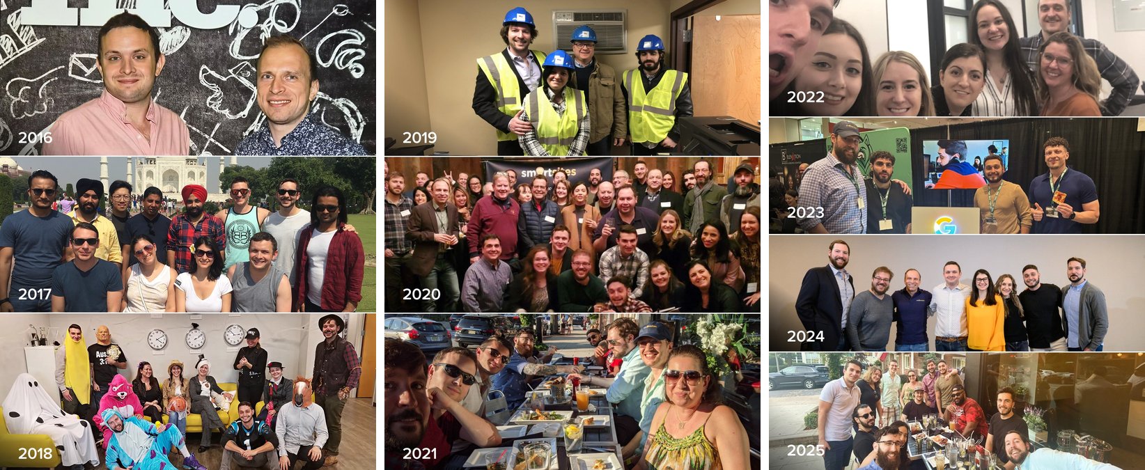 SmartSites team photos from 2016 to 2025: the founders at Inc., team trips, holiday parties, conferences and team dinners
