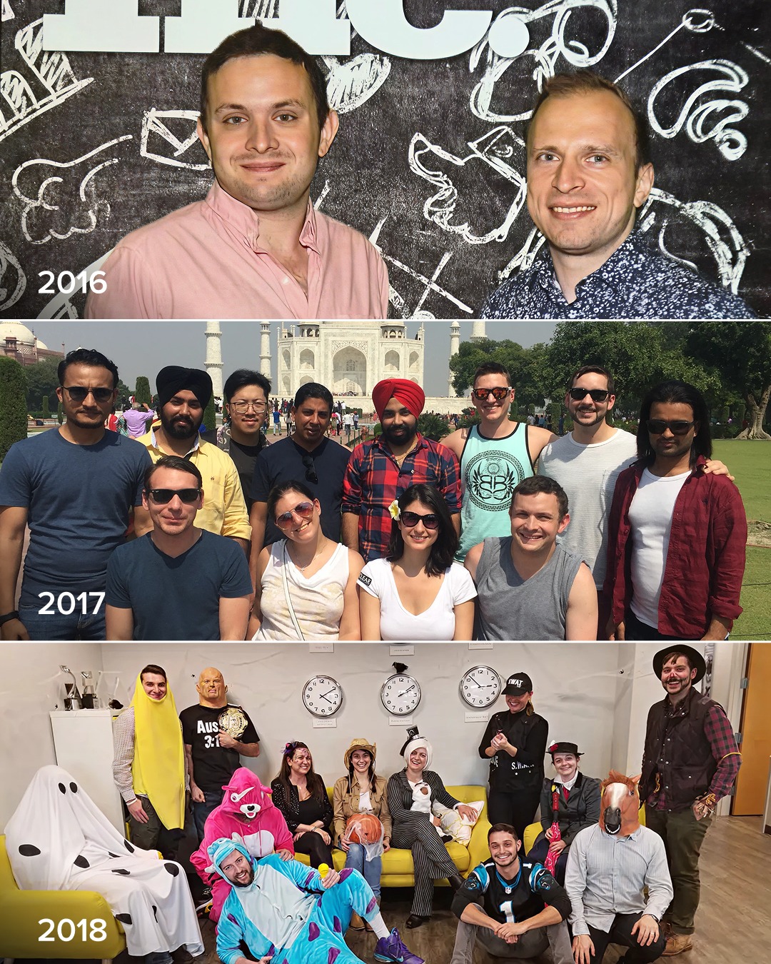SmartSites team photos from 2016 to 2019: the founders in front of an Inc. wall, a team trip to the Taj Mahal, a Halloween party and a hard-hat site visit