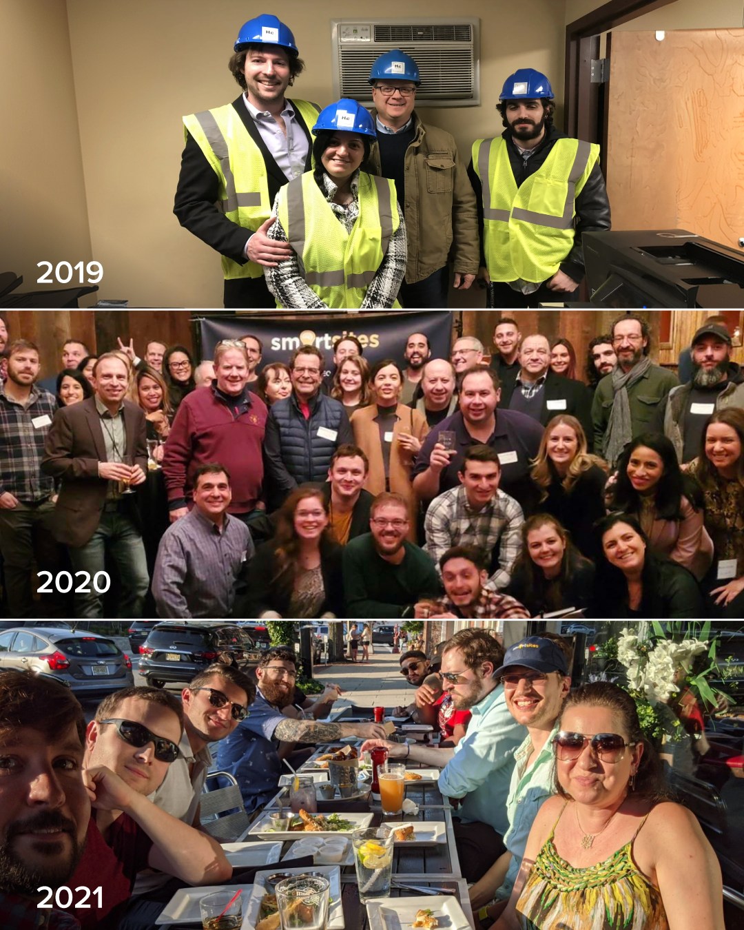 SmartSites team photos from 2020 and 2021: a holiday party and a team lunch outdoors