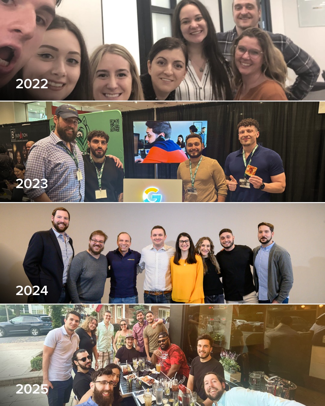 SmartSites team photos from 2022 to 2025: office selfies, a conference booth, a group shot and a team dinner