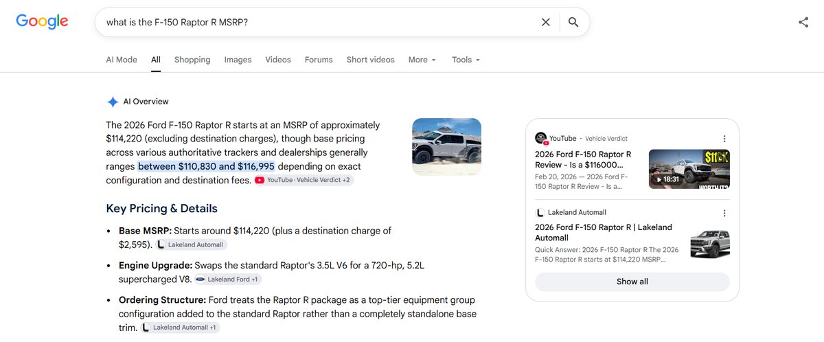 A Google search for what is the F-150 Raptor R MSRP: the AI Overview takes the base MSRP, the engine and the ordering structure from the dealer's own pages, citing them three times