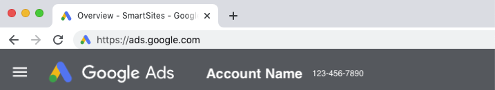Google Ads at ads.google.com showing the account name and customer ID