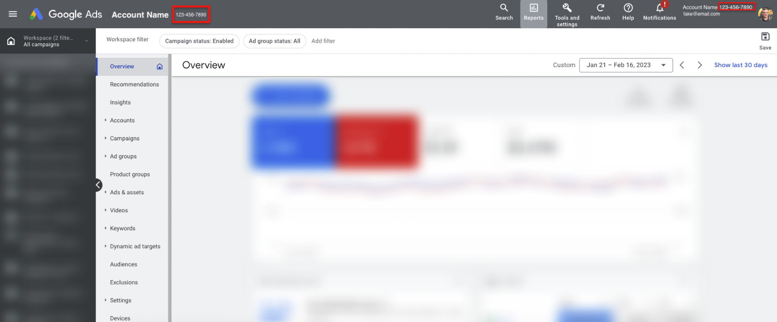Google Ads overview with the 10-digit customer ID highlighted at the top left