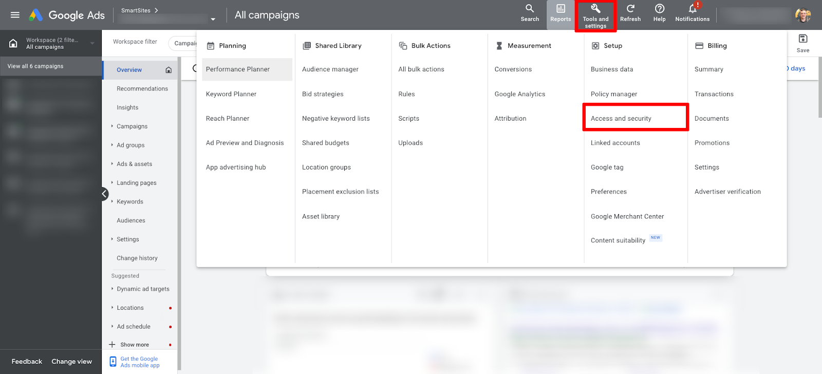Google Ads Tools and settings menu with Access and security highlighted