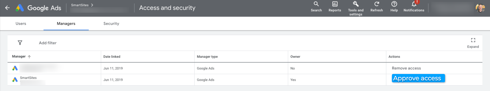 Google Ads Access and security, Managers tab, with the Approve access button