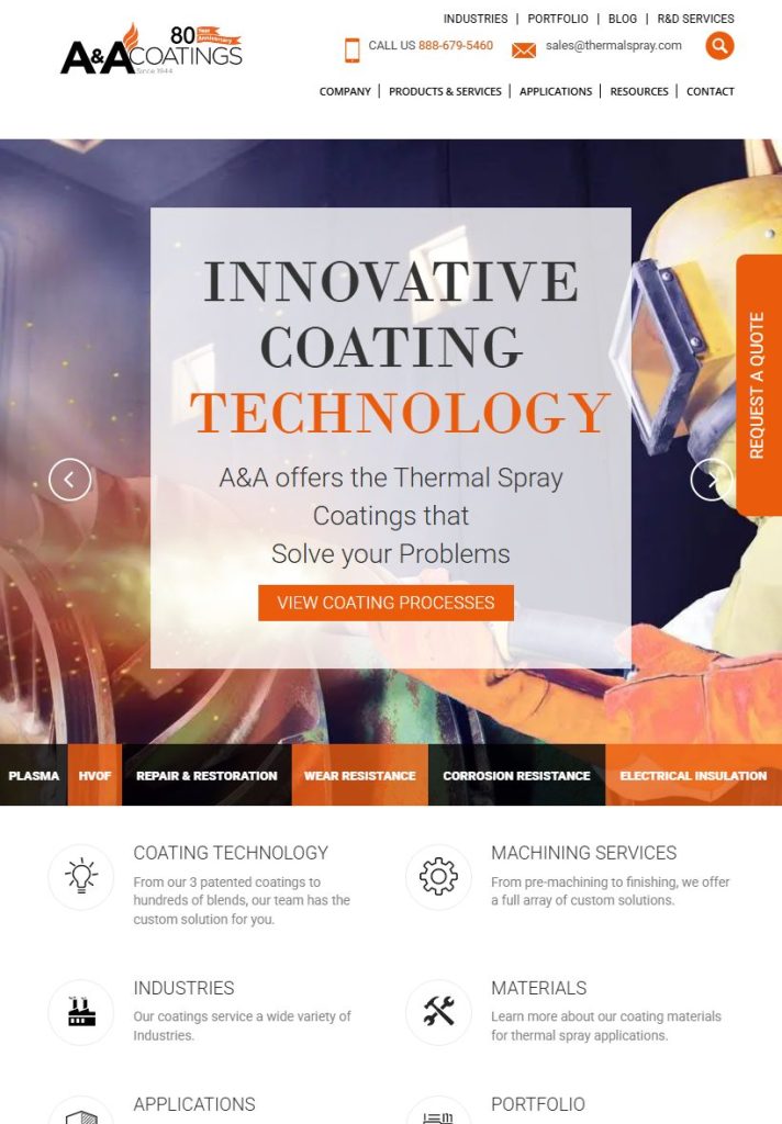 A&A Thermal Spray homepage on a tablet