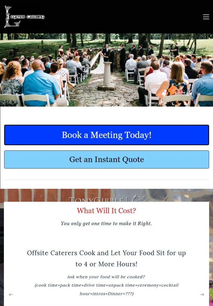 Legends Catering homepage on a tablet