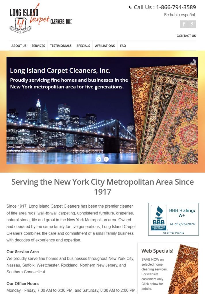 Long Island Carpet Cleaners homepage on a tablet