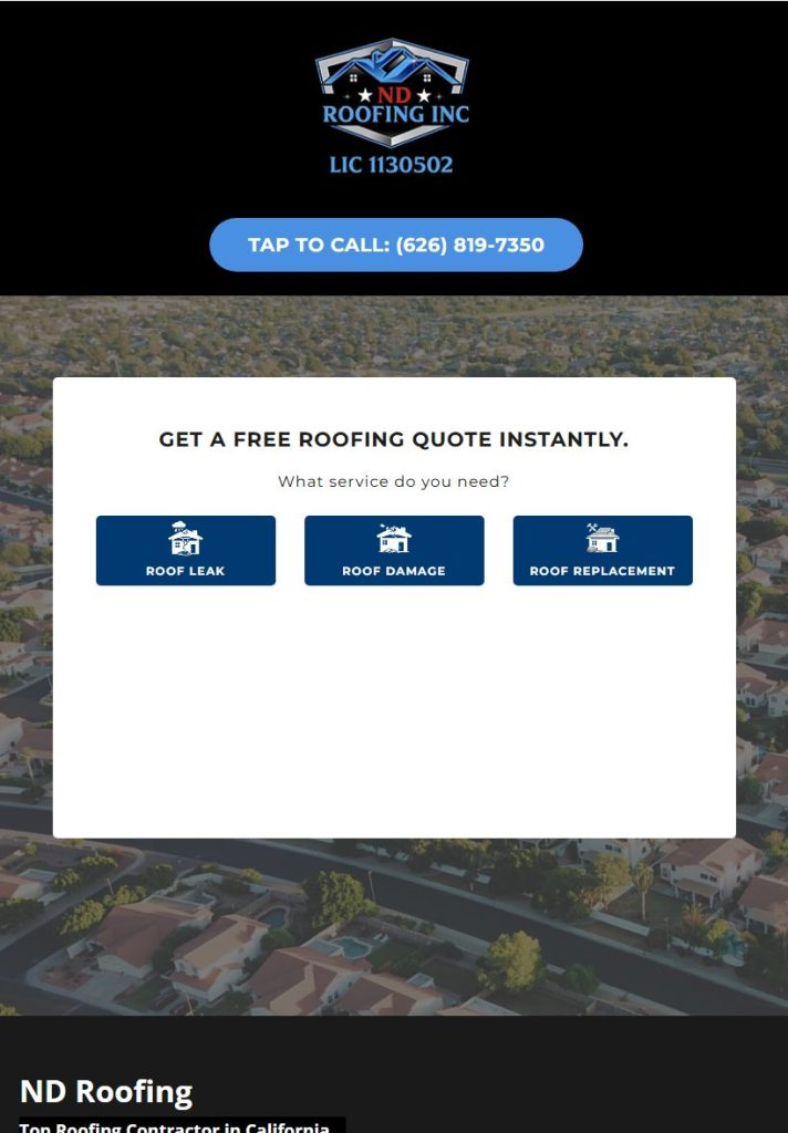 ND Roofing homepage on a tablet
