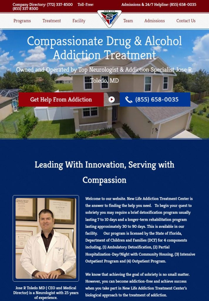 New Life Addiction Treatment Center homepage on a tablet